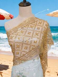 1PC New Dai Women's Party Collection: Sparkling Beaded Shawl Non-Shedding Sequin Shawl, Headscarf, Scarf Music Festival Glitter Accessory - Multicolor - View 1