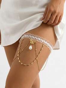 1pc Women's Lace Trim Gold Bow Elastic Bridal Hair Tie - White - View 8