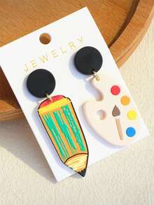 1对女士返校季铅笔调色板印花亚克力可爱优雅耳环 - 彩色 - 查看 2