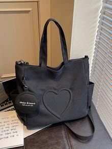 Nueva bolsa de lona de moda casual con patrón de corazón y múltiples bolsillos para mujer con monedero - Negro - Ver 7