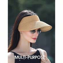 1pc Fashion Straw Sun Visors For Women Wide Brim Hats Roll-Up Foldable Summer Beach Visor Hat - 彩色 - 查看 3