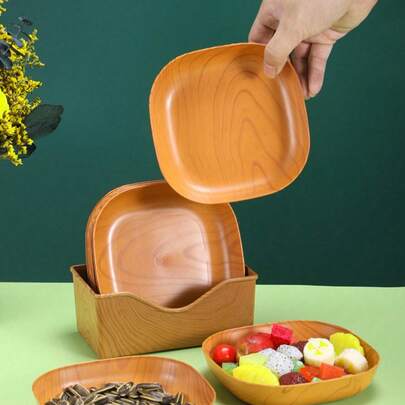 7 piezas de bandejas de plástico reutilizables con apariencia de madera, adecuadas para sushi, aperitivos, postres, frutas, aperitivos, lavables, excelentes para almacenamiento de cocina y decoración de mesa, "grano de madera falso" no de madera