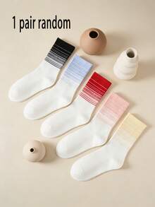 1/3/5 Pairs Random Color Women Gradient Striped Mid-Calf Socks, Ribbed Seamless Cuff Non-Slip Sports Socks - Multicolor - View 14
