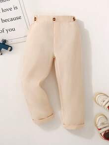 Young Boy Solid Color Button Straight Leg Long Pants, Casual Minimalist Preppy Style Back To School Trousers - Apricot - View 2