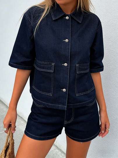 Damen Vintage Gewaschen Klassisch Vielseitig Denim 2-Teiliges Set, Elegantes Lässiges Kurzarm Top und Shorts Outfit für den Sommer