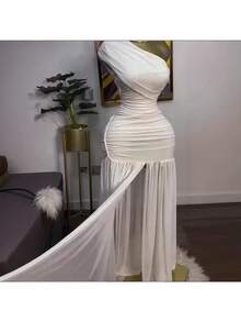 Women's Spring 2026 New Solid Color Sleeveless Slanted Collar Pleated Slim Split Long Dress - White - View 1