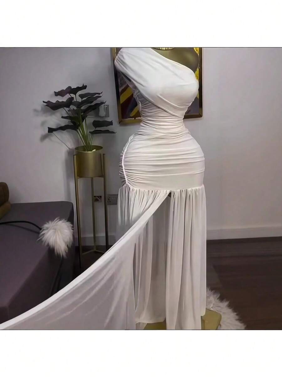 Women's Spring 2026 New Solid Color Sleeveless Slanted Collar Pleated Slim Split Long Dress - White - View 1