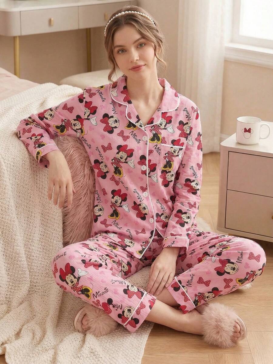 Disney 2件套卡通印花荷叶边领休闲长袖裤女式睡衣套装 - 粉色 - 查看 1