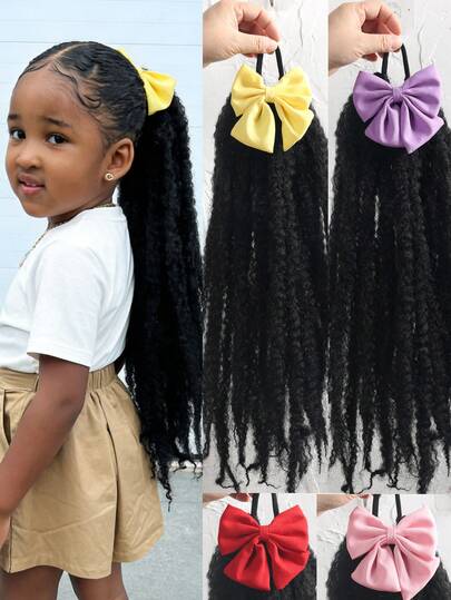 1pc Kids Afro Fluffy Kinky Curly Ponytails With Bow Clip Natural Black 18inch Synthetic Hair Pieces, Comfortable Wig Accessories Suitable For Girls