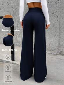 Quần thể thao nữ Aoqta Sports mùa hè, màu trơn, cạp cao, ống rộng, dáng suông, thích hợp cho yoga, chạy bộ, tập thể dục và mặc hàng ngày. - Màu xanh hải quân - Xem 5