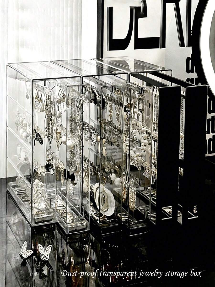 1个亚克力透明黑色首饰收纳盒,耳环项链手链展示架,适用于卧室梳妆台 - 黑色 - 查看 1