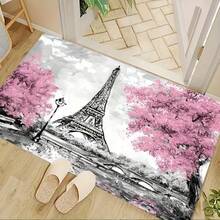 1pc Watercolor Pink Cherry Blossom Eiffel Tower Doormat, Soft Velvet, Bathroom Mat, Bath Rug, Entrance Mat, Small Rug, Carpet, Mat, Home Decor, Area Rug, Outdoor Mat, Home Decor, Area Carpet, Bedroom Carpet, Washable Rug - Beraneka warna - View 2