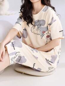 AICJ 2 chiếc áo phông hồng in hình mèo dễ thương và chữ cho nữ, quần dài 3/4/quần đùi/quần dài mặc ở nhà, bộ đồ ngủ dự tiệc mùa xuân hè cho kỳ nghỉ - Nhiều màu - Xem 6