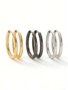 1 Pair/3 Pairs Geometric Elliptical Hoop Earring Minimalist Geometric Metal Earrings, Daily & Party Wear Gift For Her & Daily Styling - Multicolor - View 7