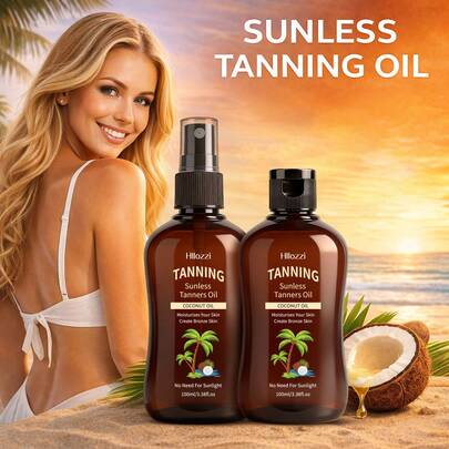  Hllozzi Aceite autobronceador natural de coco de 100 ml con tapa abatible + juego de bomba de pulverización, aceite autobronceador con infusión de aceite de coco, aceite bronceador corporal hidratante para un bronceado natural y luminoso, ligero y tono de piel uniforme