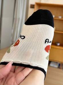 5 Pairs Women's Boat Socks, Non-Slip Boat Socks, Shallow Mouth Ruffle Design, Breathable Thin Socks For Spring/Summer, Cherry Stripe Socks, Black & White Contrast Versatile Invisible Socks - Multicolor - View 11