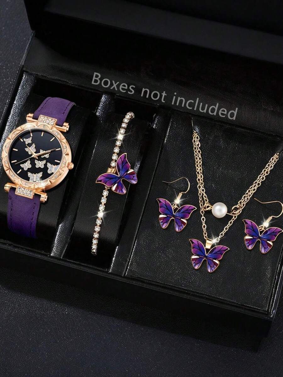 Bộ trang sức 5 món gồm đồng hồ thạch anh, dây chuyền mặt hình bướm, bông tai và vòng tay, thời trang và đa năng. - A - Xem 1
