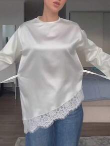 Nueva camiseta de manga larga con parches de encaje, adecuada para citas, vacaciones y uso diario, primavera/verano - Beis - Ver 5