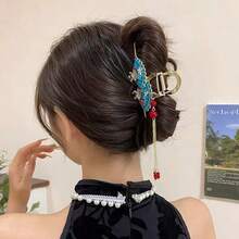 1 pieza Clip de pelo con abanico decorado con perlas y borlas de estilo vintage, elegante pinza de pelo para peinado de moño, adecuado para qipao, hanfu, uso diario, fiestas, fotografía, cumpleaños, San Valentín, Acción de Gracias, verano, vacaciones, viajes - Multicolor - Ver 7