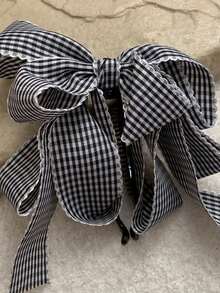 1个女士可爱格子蝴蝶结香蕉发夹，时尚格子大蝴蝶结发夹马尾夹，发饰（黑/白） - 彩色 - 查看 3