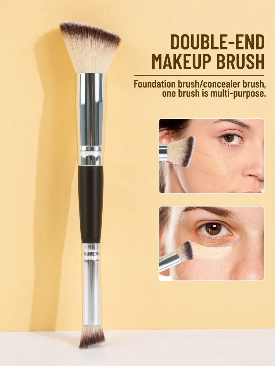 SEPROFE 1pc Dual-Ended Makeup Brush, Multifunctional 2-In-1 Foundation And Concealer Brush, Angled Head Seamlessly Fits Face And Eyes, Ultra-Soft Fibers Won't Irritate Skin, Suitable For Daily Foundation Or Concealer Makeup Use - Black - View 1