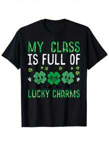 Plus Size, Women's Plus-Size T-Shirt, Size 0XL-5XL, New Year Gift For 2026, Women's Fun Teacher St. Patrick's Day T-Shirt-"My Class Full Of Lucky Charms" Irish Theme, Jar With Clover And Golden Iconic-Black With Green Clover, Short Sleeve Crewneck - màu đen - Xem 2