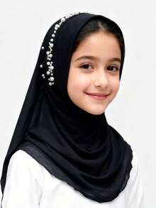 1pc Muslim Girls/Children Headscarf Shawl, Easy To Wear, Suitable For Outdoor Activities And Daily Use - Pearl Scarf - View 9
