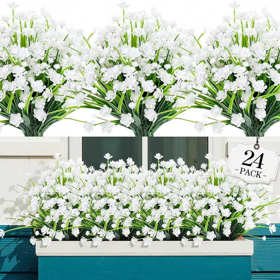 1/2/3/4/5/6/7/8/9/10件装户外抗紫外线防褪色人造塑料假花装饰,阳台窗台花箱花园装饰 - 白色 - 查看 1