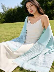 1pc Women's Spring/Summer Jacquard Gold Stripe Lightweight Scarf, Versatile Headscarf/Shawl, Suitable For Daily Wear - Mint Green - View 2