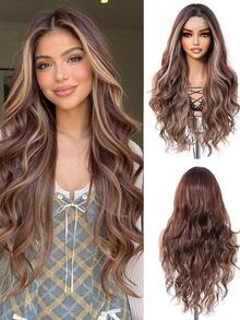 26 Inch Long Straight U-Part Seamless Bangs Synthetic Wig, Brown Mixed With White Natural Middle Part Wig, Shiny Golden Hair - Brown Highlight - View 3