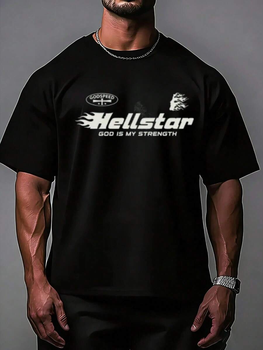 Hellstars Godspeed God Is My Strength Flame Head Y2K Graphic T-Shirt,220g 100% Cotton,Round Neck Short Sleeve,Black Streetwear Essential For Summer Going Out,Unisex Style - 黑色 - 查看 1
