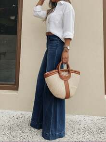 PETITE Vintage Washed Wide Leg Women's Jeans, Loose Flattering Casual Long Pants - Dark Wash - View 4