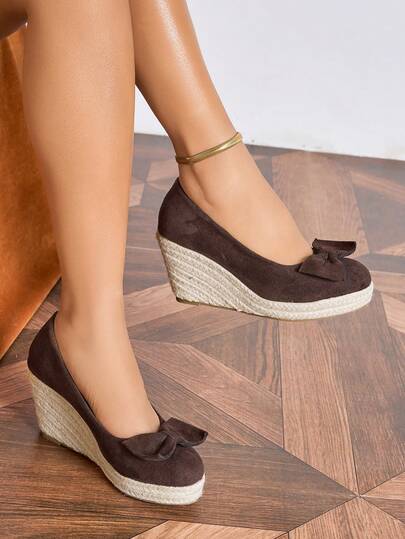 2026 Women's New Fashion Comfortable Beach Hemp Rope Bow Straw Wedge Platform Slip-On Shoes