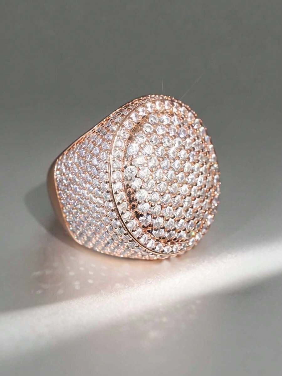 奢华玫瑰金几何圆形立方氧化锆情侣戒指，订婚结婚礼物珠宝 - 乾枯玫瑰色 - 查看 1