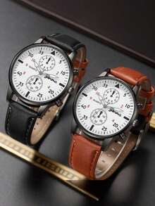 2pcs Set: Men's Fashion Minimalist Dial Quartz Watch & PU Leather Belt Accessories, Casual Style, Circular Multi-Functional Dial, Suitable For Daily Wear, The Best Festival Gift For Men - Multicolor - View 1