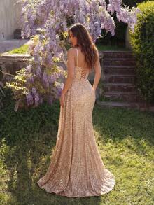 ADYCE Áo hai dây đính sequin, phối lưới, cạp cao, xẻ tà, hở lưng, thích hợp cho dạ hội, tiệc sinh nhật, hẹn hò, lễ hội, đám cưới, mùa xuân. - Rượu sâm banh - Xem 2