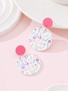 1 Pair Summer Cute Flower & Leaf Print Enamel Faux Soft Pottery Design Fashion Jewelry Earrings, Suitable For Beach Vacation And Daily Wear - Multicolor - View 3
