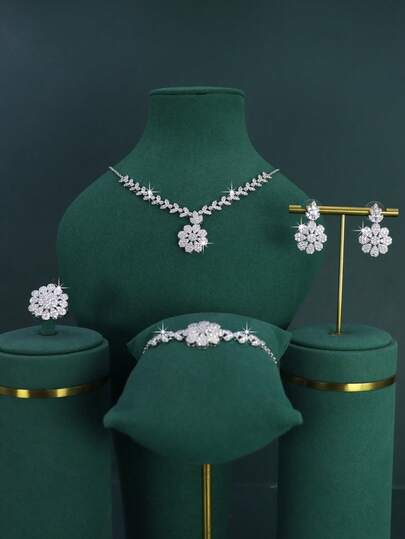 5pcs White Gold Plated Luxury Royal Style Floral Design Bridal Wedding Jewelry Set, Suitable For Daily Wear And Wedding, Wedding Anniversary Gift