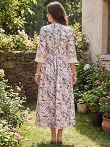 Elegant Arabian Floral Print Long Dress With Notched Ruffle Neck Three Quarter Regular Sleeves Fringe Detail And Appliques Woven Fabric - Multicolor - View 2