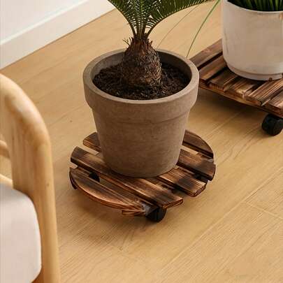 1个带轮子的圆形木制植物架，可锁定金属脚轮，重型滚动植物推车，适用于室内/室外花盆和种植箱