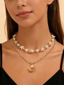 2件套夏季波西米亚海洋风仿珍珠串珠海星颈链，金属贝壳吊坠项链，适合日常佩戴、海滩度假和派对。 - 彩色 - 查看 4