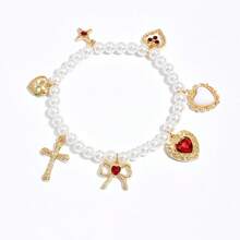 十字架吊坠，时尚夸张心形项链，甜美蝴蝶结仿珍珠颈链 - 彩色 - 查看 11