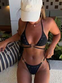 Floral Print Bikini, Casual Sexy Knit Fabric Tie Back Backless Beach Vacation - Black - View 1