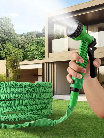 1 Set de Manguera de jardín flexible y expandible de color verde con boquilla ajustable de 7 en 1, adecuada para limpieza de pisos, riego de jardines, irrigación de césped, cuidado de plantas del patio, lavado de autos, baño de mascotas, uso durante todo el año