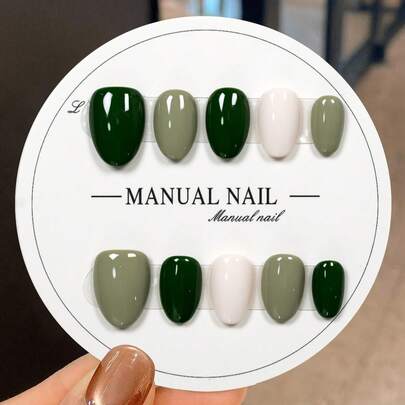 JUTI Spring/Summer Short Oval Nail Stickers - 100% Handmade Hand-Painted Green & Nude Solid Color Glossy Nail Art Decals, Fashionable False Nails Suitable For Daily, Social And Occasions | Includes 1 Nail File And Gel Nail Kit
