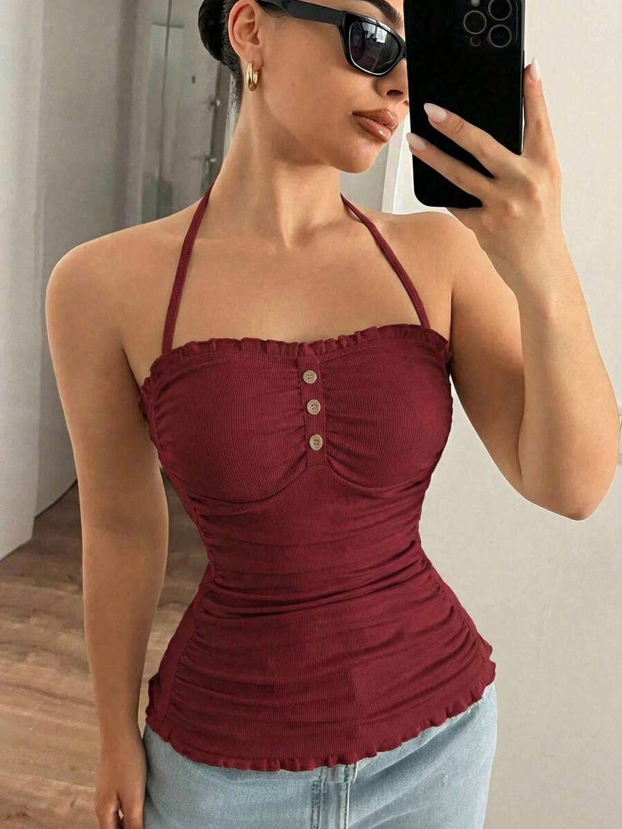 Women's Solid Color Chest Ruffle Halter Top, Casual Summer Daily Wear - Burgundy - View 1