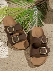 Sandalias planas cómodas con hebilla de metal hueco para mujer, adecuadas para verano, vacaciones en la playa, temporada de graduación, pantuflas para el hogar, zapatos para primavera y Pascua, nuevos zapatos casuales con suela de corcho suave, regalo para el Día de la Madre - Café integral - Ver 3