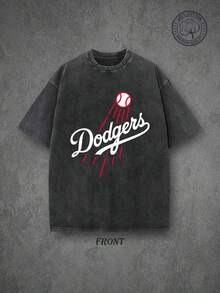 LA Dodgers Washed Vintage Short Sleeve T-Shirt | Retro Baseball T-Shirt, Single-Sided Print, High Quality T-Shirt, Classic Washed Shirt, Washed Pure Cotton T-Shirt, Casual Style, Perfect Gift Choice, Comfortable, Fashion Street Style Pure Cotton T-Shirt. - 黑色 - 查看 3