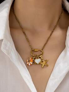 1 Pc 18K Gold Plated Stainless Steel Starfish Charm Necklace For Women - Chunky Chain With Carabiner Clasp And Interchangeable Sealife Pendant - Summer Vacation Bohemian Beach Jewelry - Starfish and Lobster Pendant Necklace - View 1