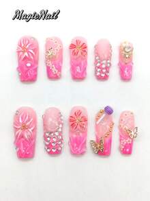 10 Pieces Of Pure Hand-Pressed Wearable Nail, 33mm Long Coffin-Shaped Nail, Pink Hydrated Nail, Pink Nail, Three-Dimensional Raised Pink Flower, Three-Dimensional Round Lollipop Jewelry, Three-Dimensional Butterfly Jewelry, Golden Diamond Magic Wand, Rhinestone Shape, 3D White Small Flower Line. Cute Nail Piece, Spring Nail Piece. - Multicolor - View 1